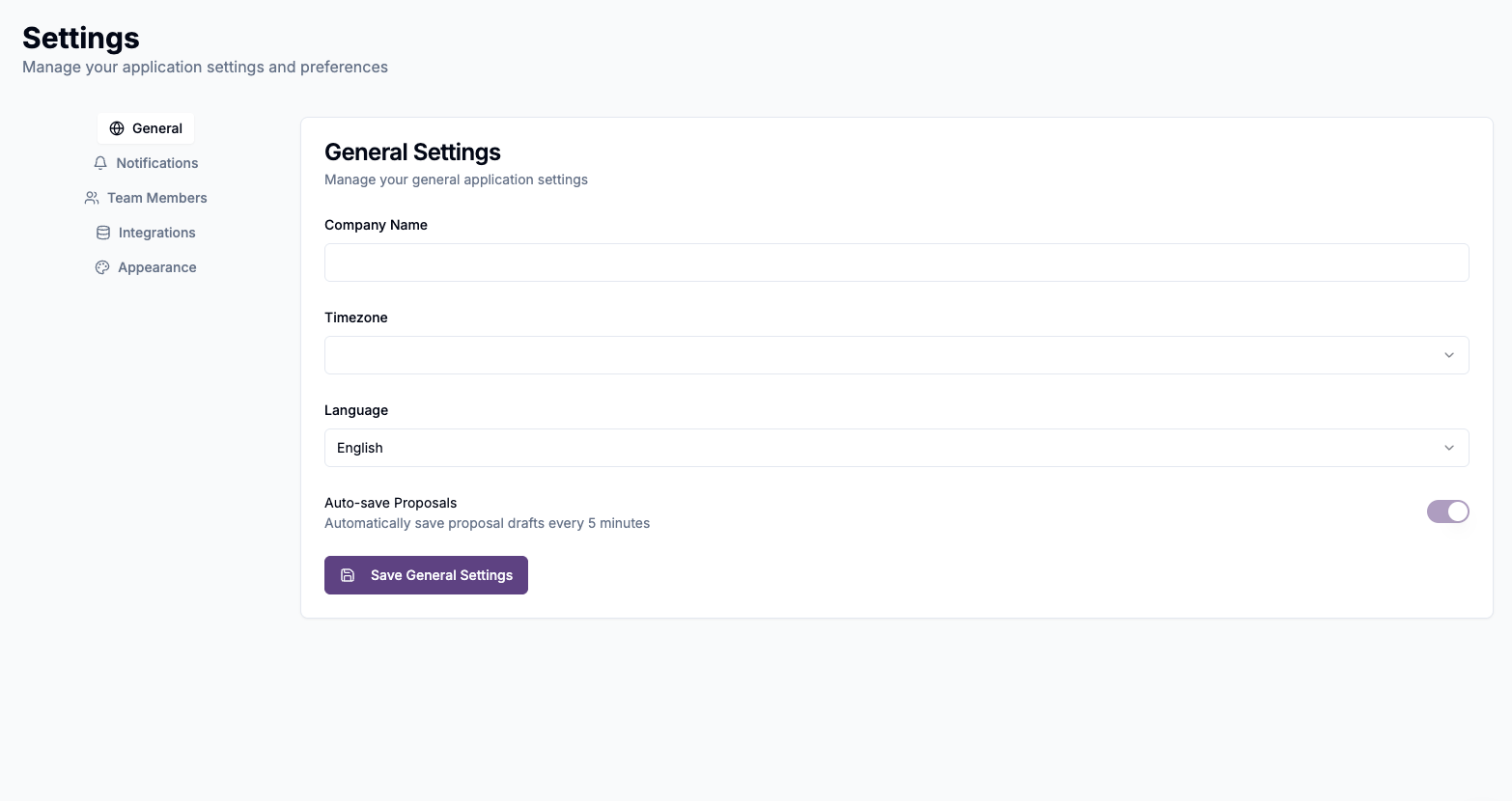 The Settings sub-sections